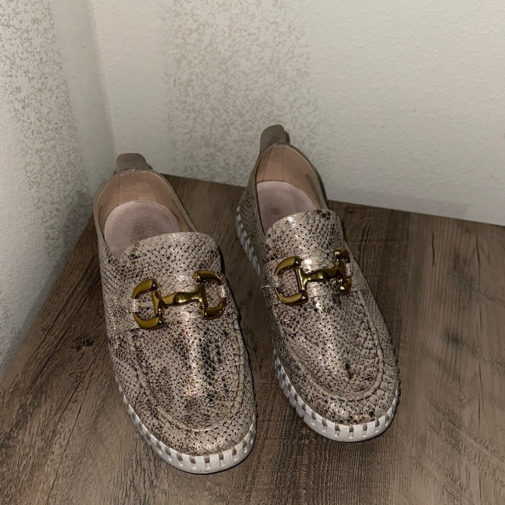 Isle Jacobsen Snake Print Loafers with Gold Accent